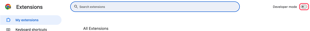 Chrome extensions page with the Developer mode toggle highlighted in the top right