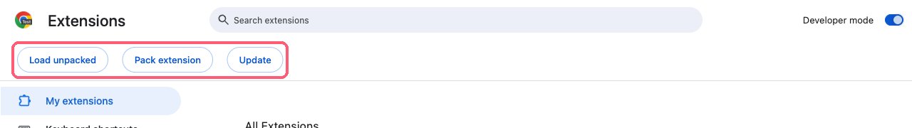 The Load unpacked, Pack extension and Update buttons