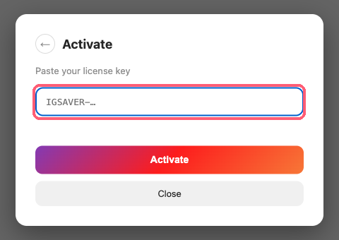 The license-key entry screen on the Takomi site, opened after clicking “Already purchased? Enter license key”